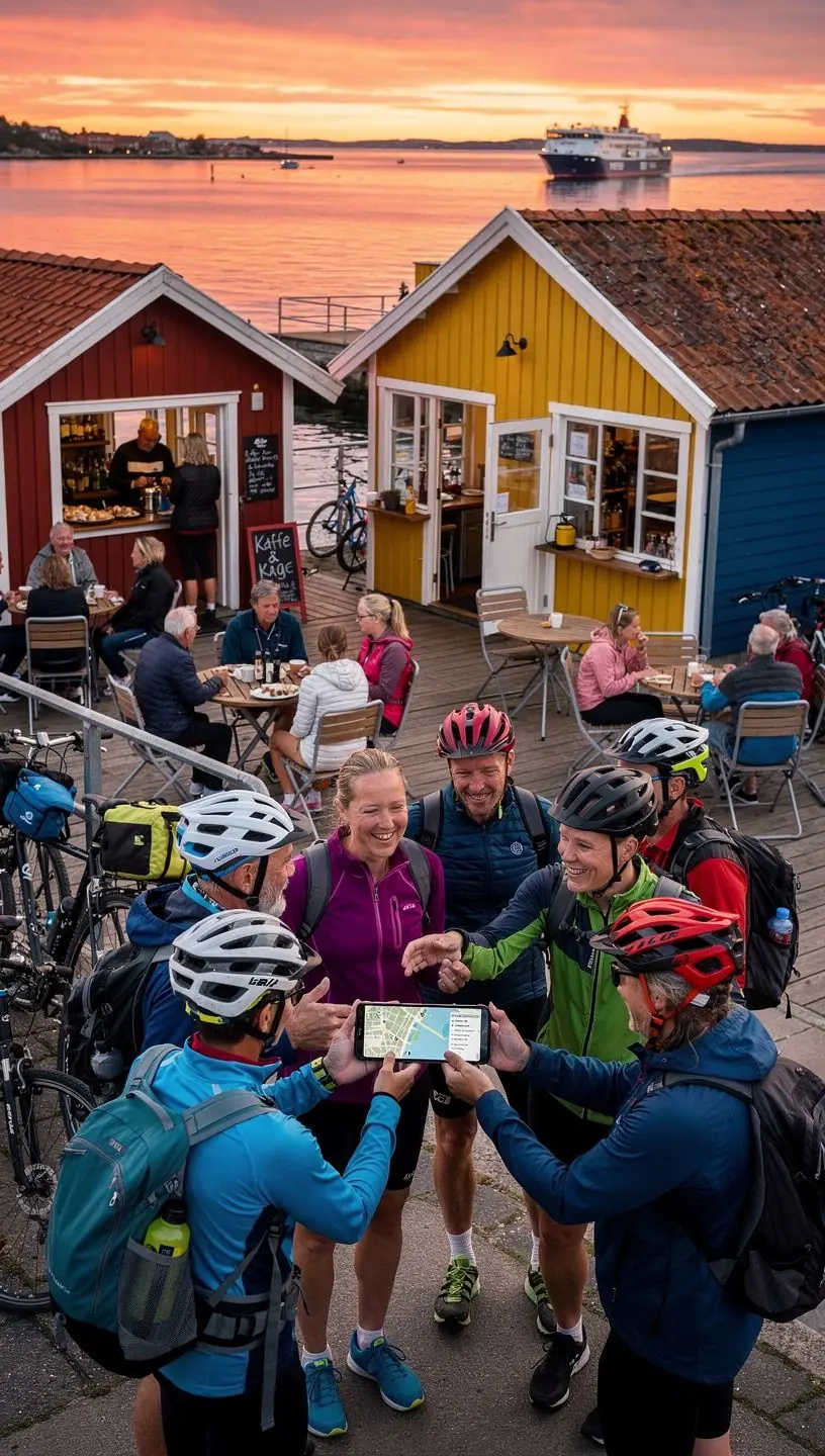 Familie med cykler ved færgelejet, klar til at udforske flere danske øer på sammenhængende ruter.